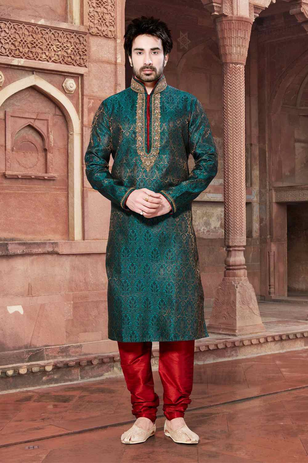 Buy Men's Brocade Embroidery Kurta Set in Rama Green