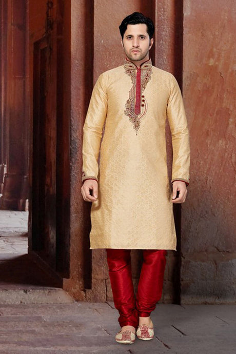 Buy Men's Jacquard Embroidery Kurta Set in Gold 