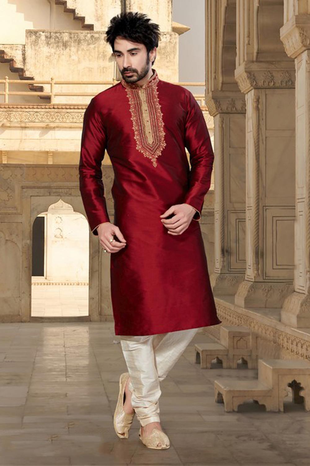 Buy Men's Taffeta Embroidery Kurta Set in Maroon