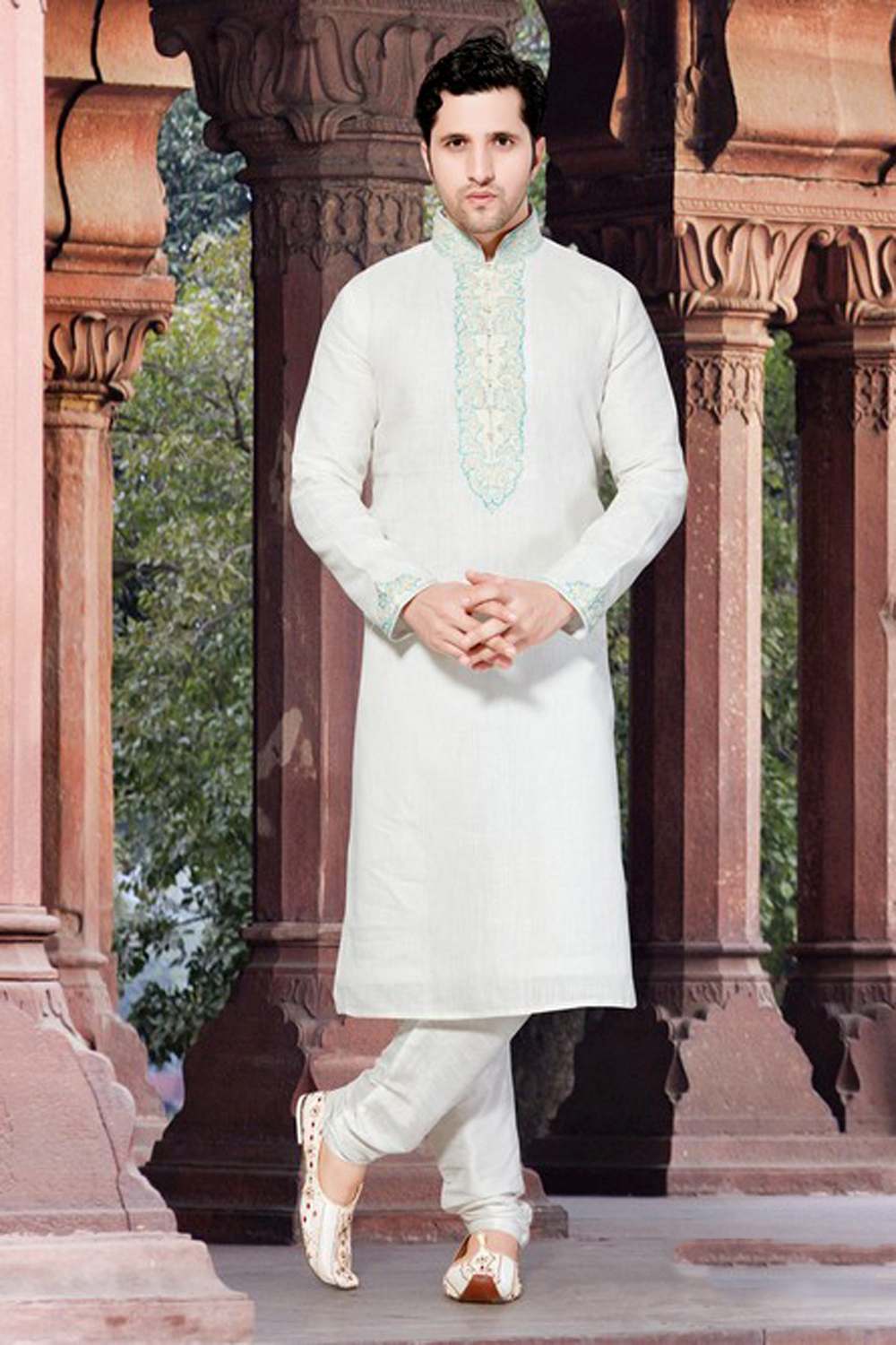 Buy Men's Linen Embroidery Kurta Set in White