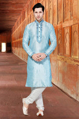 Buy Men's Dupion Art Silk Stripes Kurta Set in Light Blue