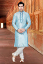 Buy Men's Dupion Art Silk Stripes Kurta Set in Light Blue