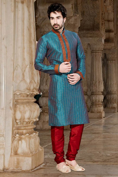 Buy Men's Dupion Art Silk Stripes Kurta Set in Rama Green