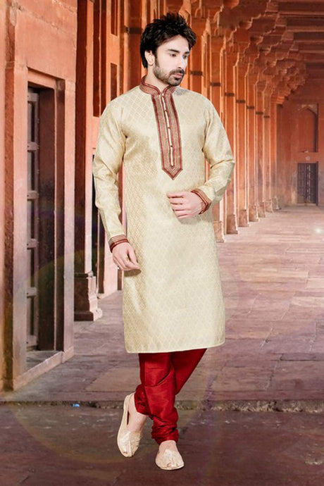 Buy Men's Jacquard Woven Kurta Set in Gold 