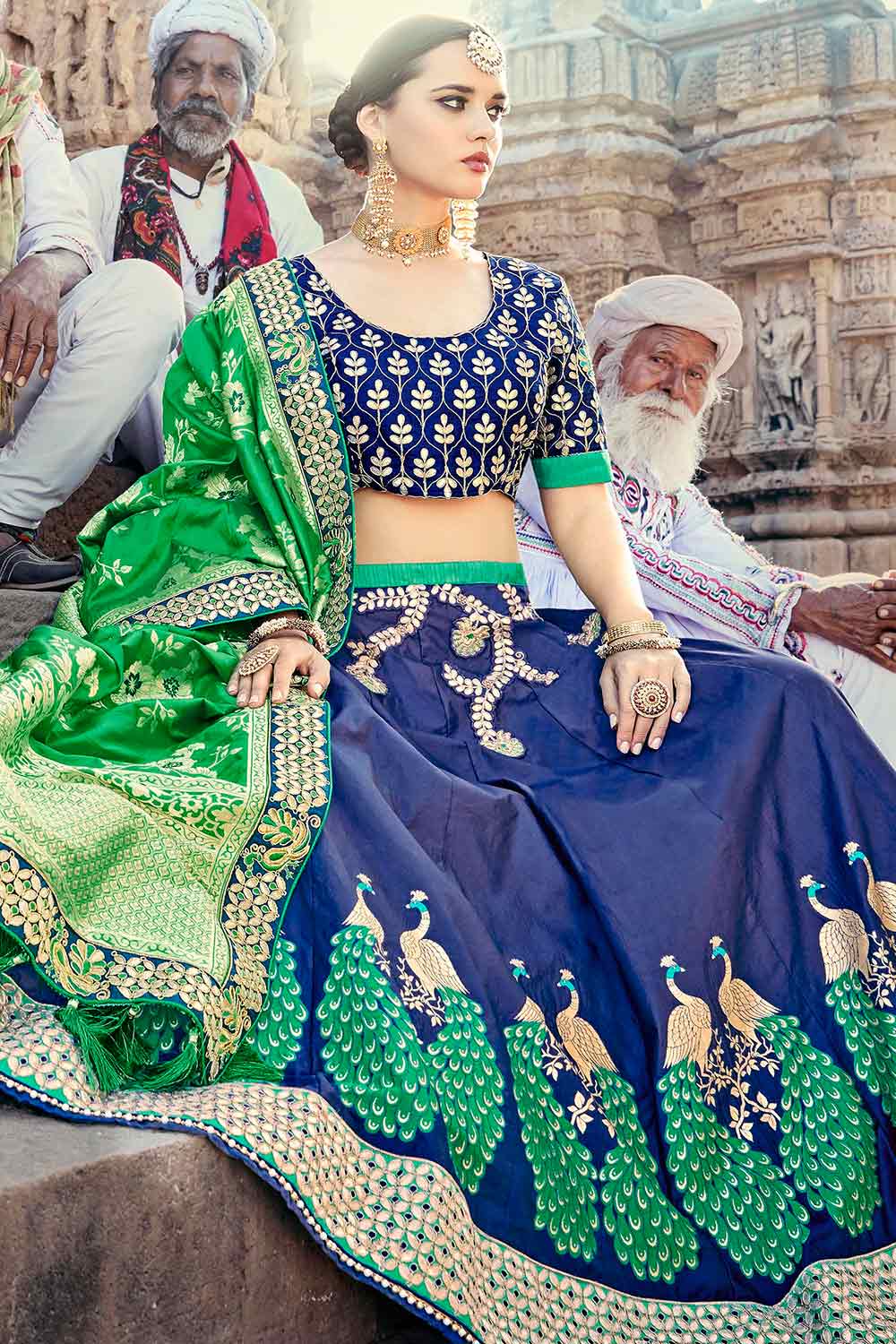 Buy Art Silk Embroidered Lehenga Choli Dress Material in Navy Blue - Front