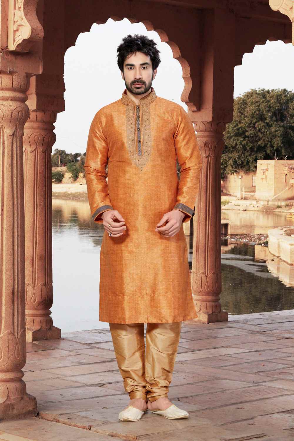 Buy Men's Dupion Art Silk Embroidery Kurta Set in Orange