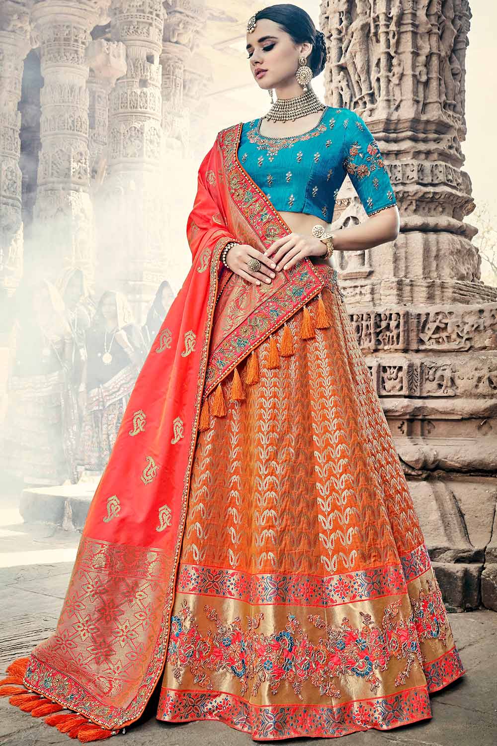 Buy Art Silk Embroidered Lehenga Choli Dress Material in Orange Online