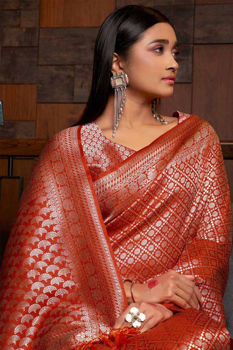 Orange Kanchipuram Raw Silk Woven Saree