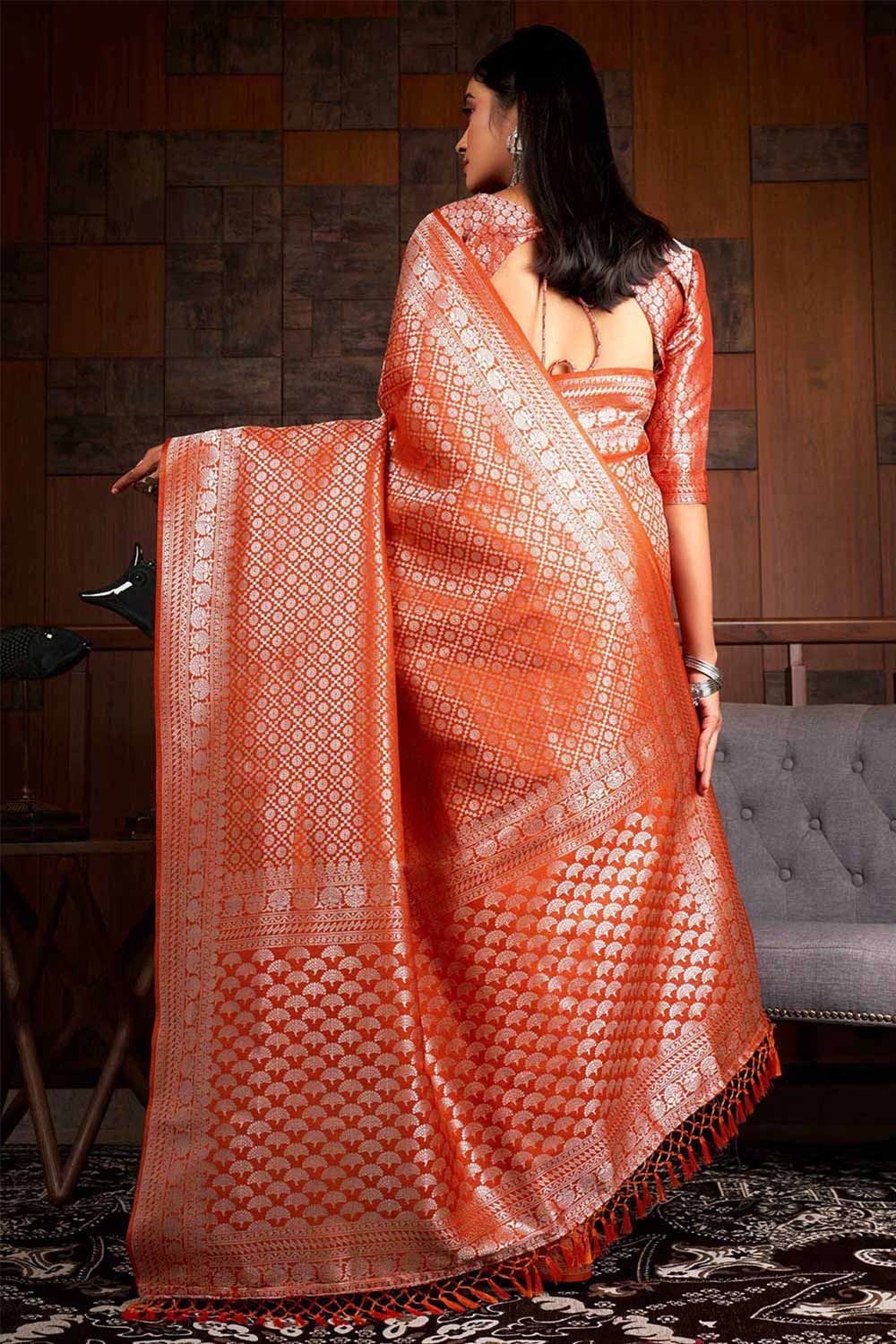 Orange Kanchipuram Raw Silk Woven Saree