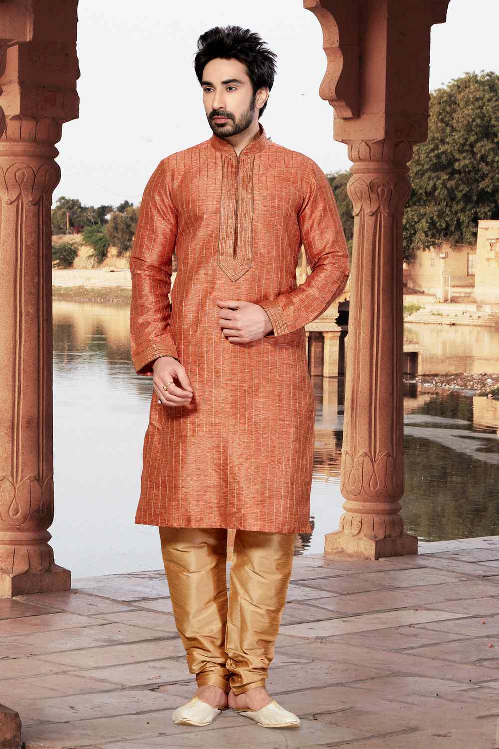 Buy Men's Dupion Art Silk Stripes Kurta Set in Orange