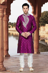 Buy Men's Jacquard Embroidery Kurta Set in Purple