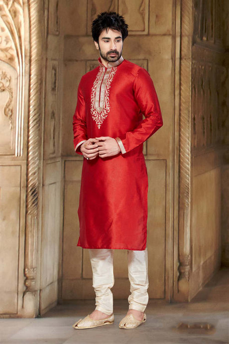 Buy Men's Dupion Art Silk Embroidery Kurta Set in Red