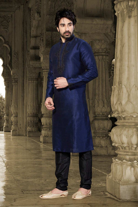 Buy Men's Dupion Art Silk Embroidery Kurta Set in Navy Blue