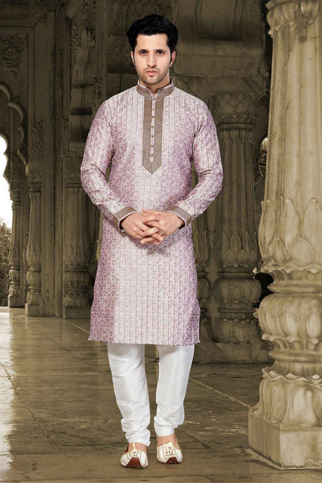 Buy Men's Brocade Stripes Kurta Set in Purple