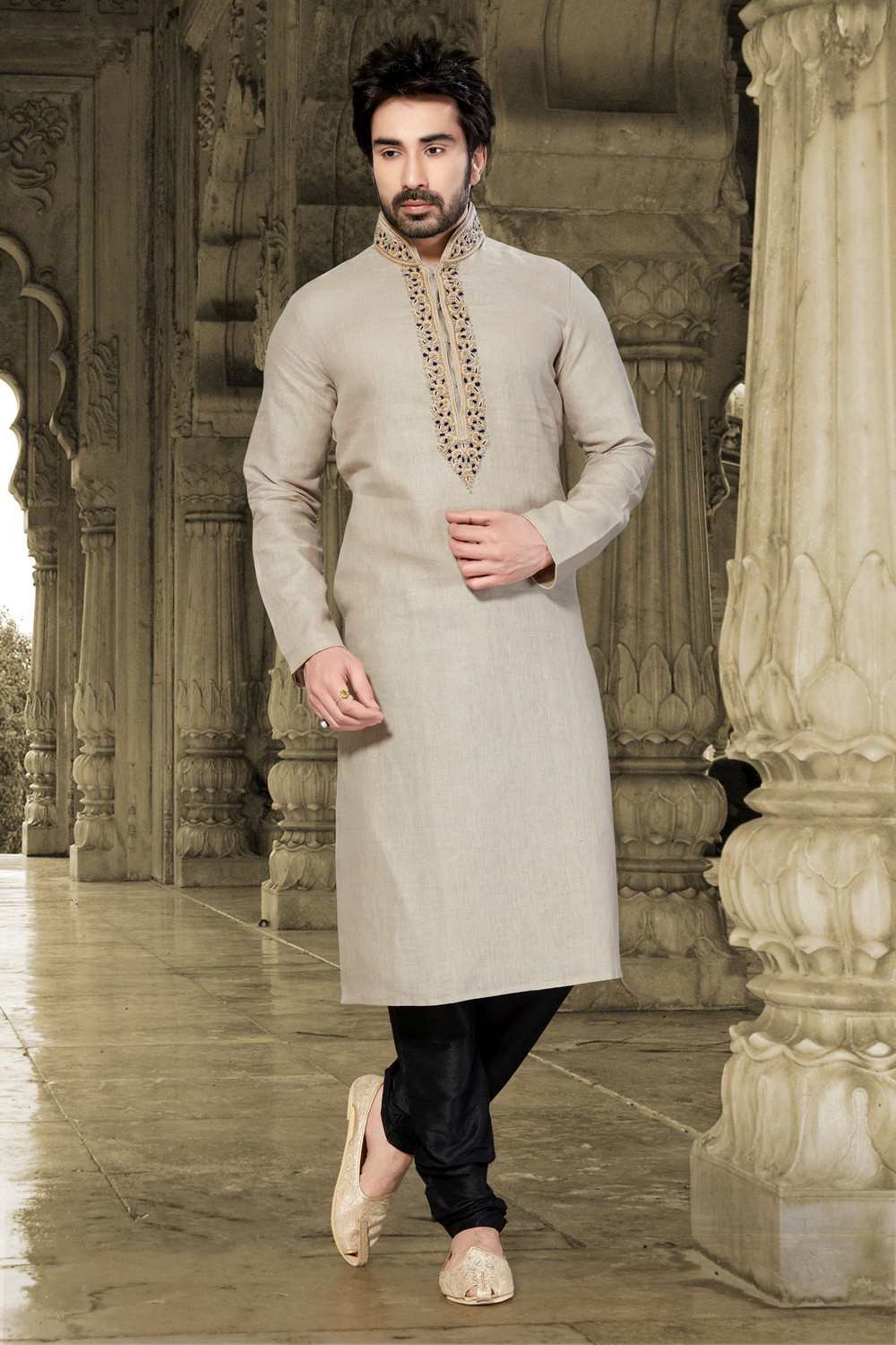 Buy Men's Linen Embroidery Kurta Set in Beige