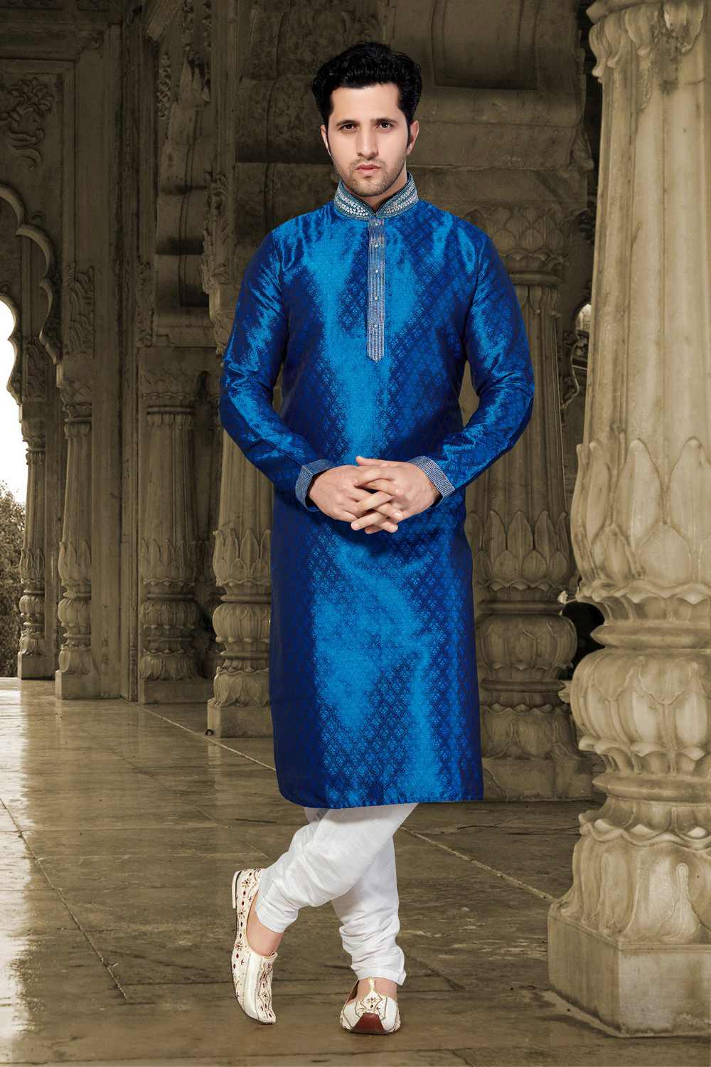 Buy Men's Brocade Embroidery Kurta Set in Blue