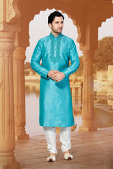 Buy Men's Dupion Art Silk Embroidery Kurta Set in Turquoise