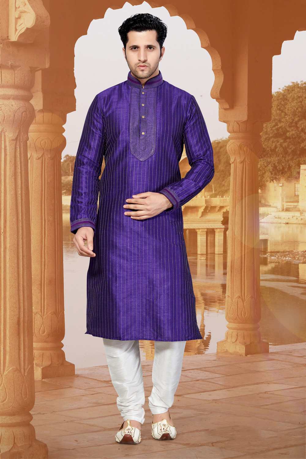 Buy Men's Dupion Art Silk Stripes Kurta Set in Purple