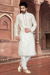 Buy Men's Dupion Art Silk Embroidery Kurta Set in Off White