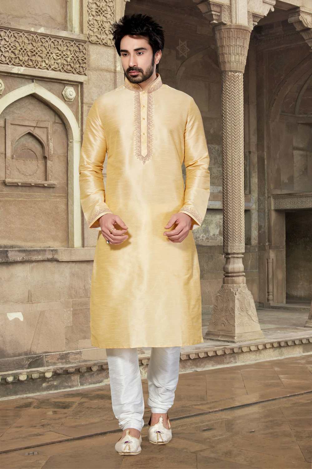 Buy Men's Dupion Art Silk Embroidery Kurta Set in Gold