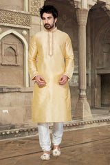 Buy Men's Dupion Art Silk Embroidery Kurta Set in Gold