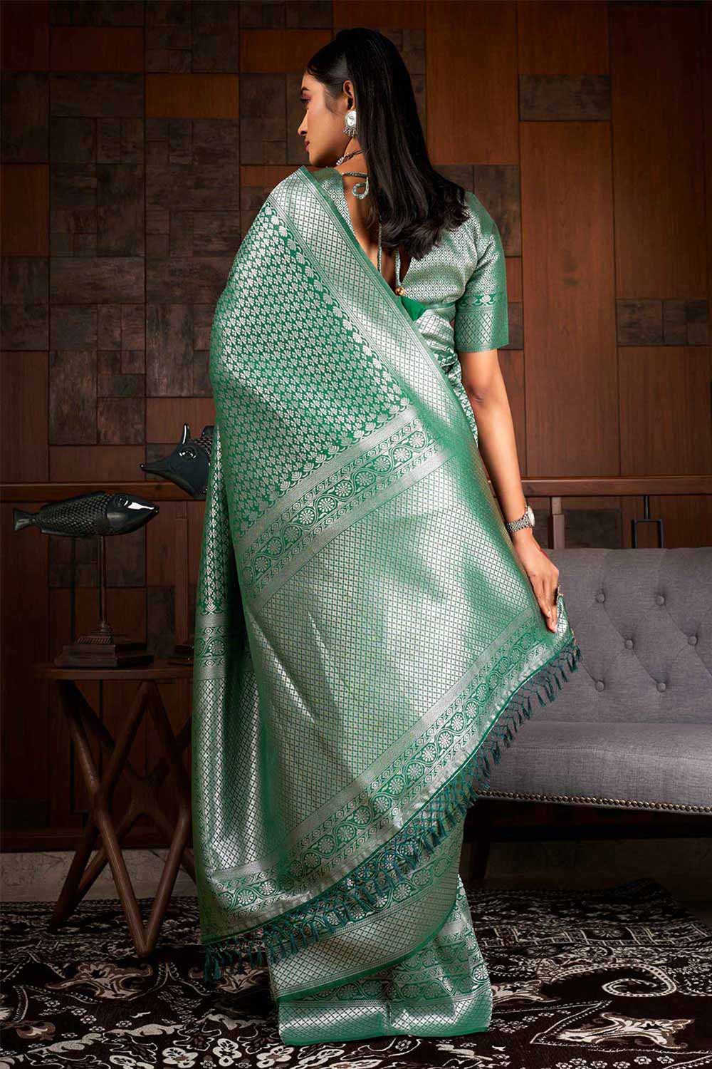 Dark Green Kanchipuram Raw Silk Woven Saree