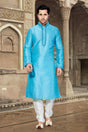 Buy Men's Dupion Art Silk Embroidery Kurta Set in Sky Blue