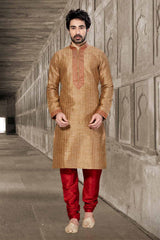 Buy Men's Dupion Art Silk Stripes Kurta Set in Brown