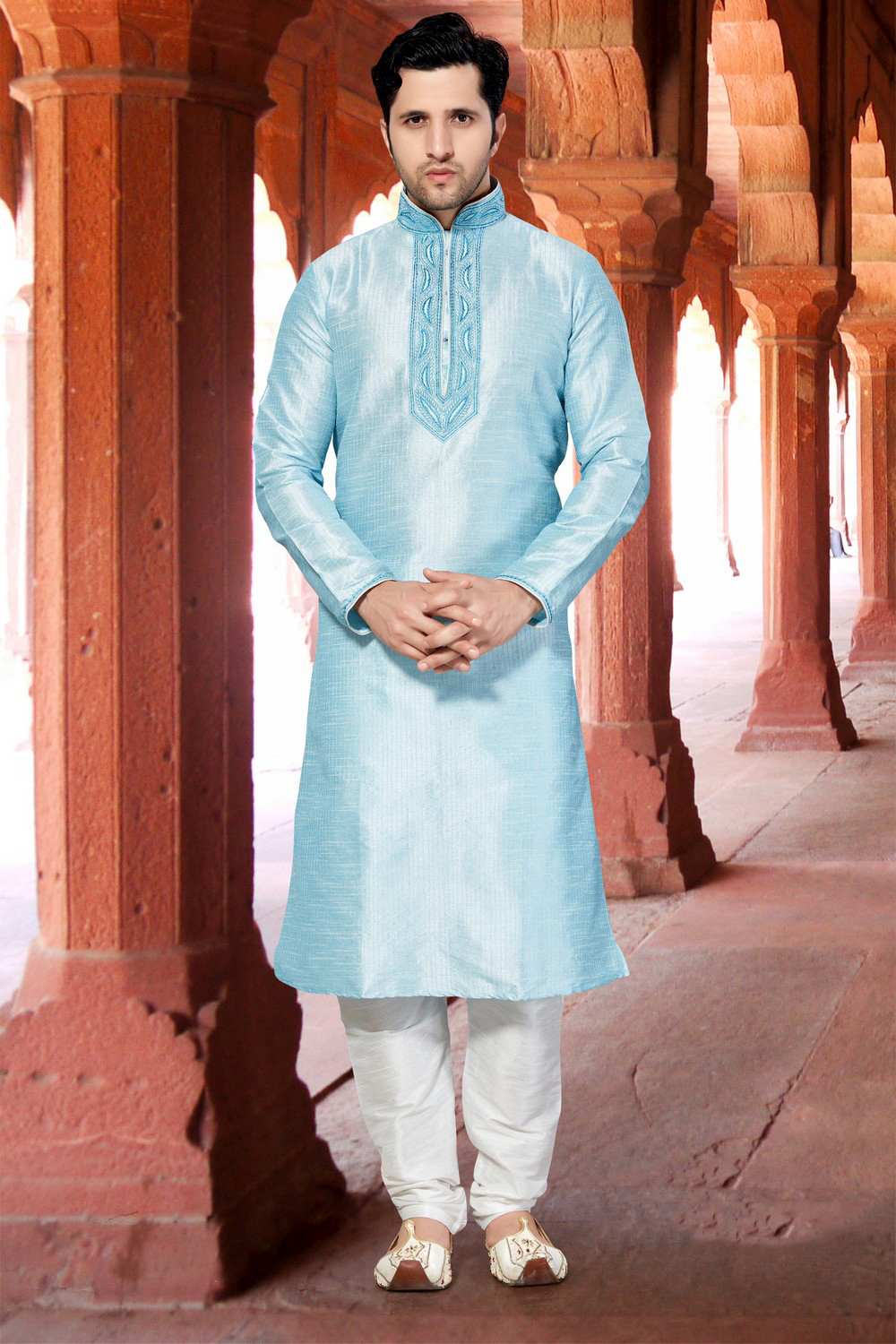 Buy Men's Dupion Art Silk Embroidery Kurta Set in Light Blue