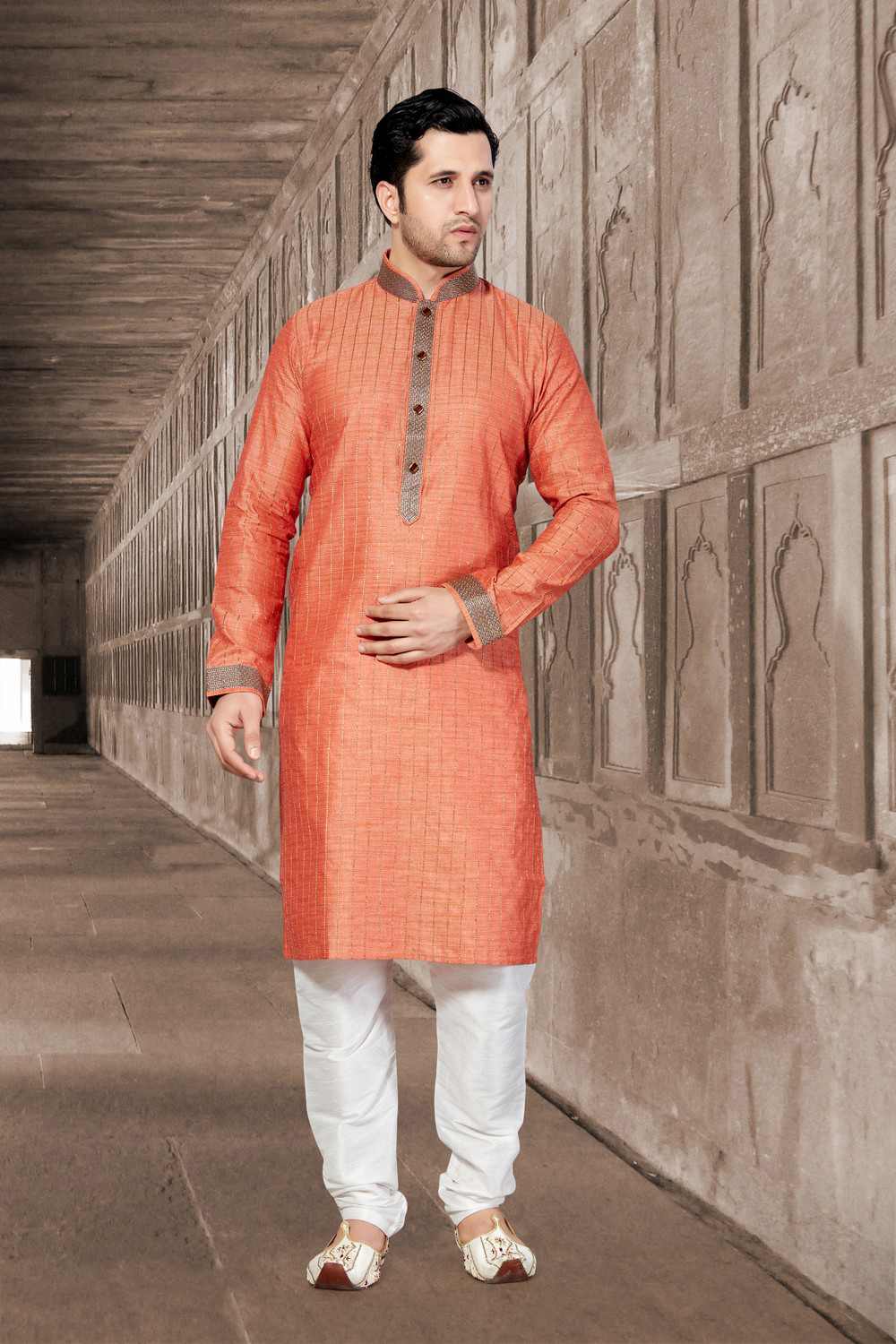 Buy Men's Bhagalpur Art Silk Stripes Kurta Set in Orange