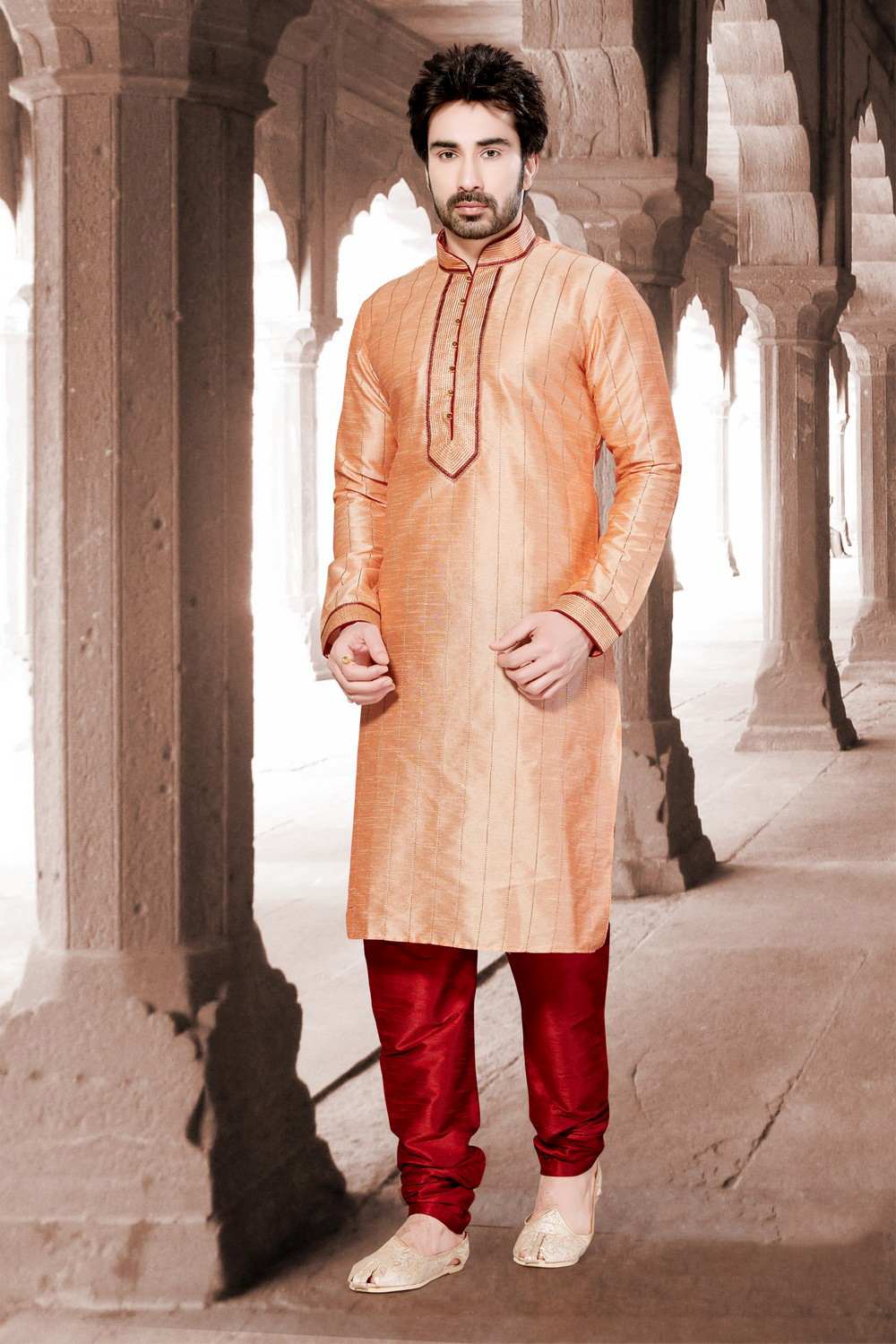 Buy Men's Dupion Art Silk Stripes Kurta Set in Peach