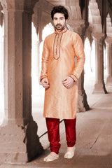 Buy Men's Dupion Art Silk Stripes Kurta Set in Peach