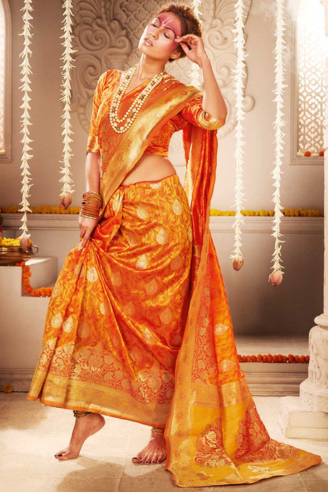 Buy Banarasi Art Silk Woven Saree in Orange - Back