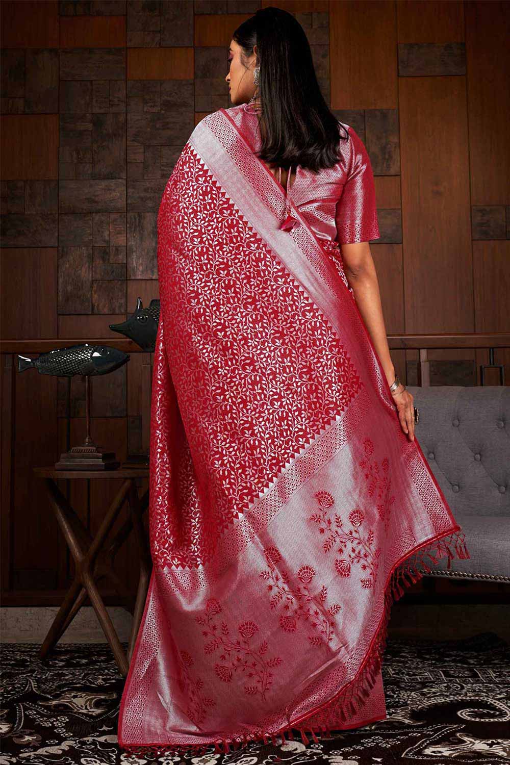 Dark Pink Kanchipuram Raw Silk Woven Saree