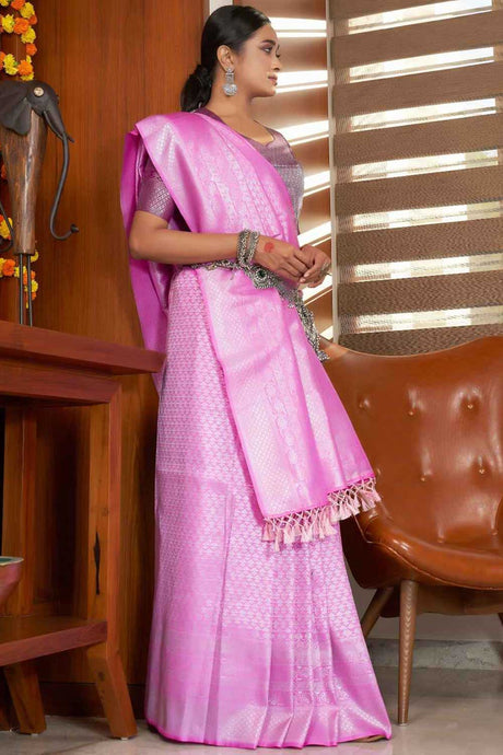 Pink Kanchipuram Raw Silk Woven Saree