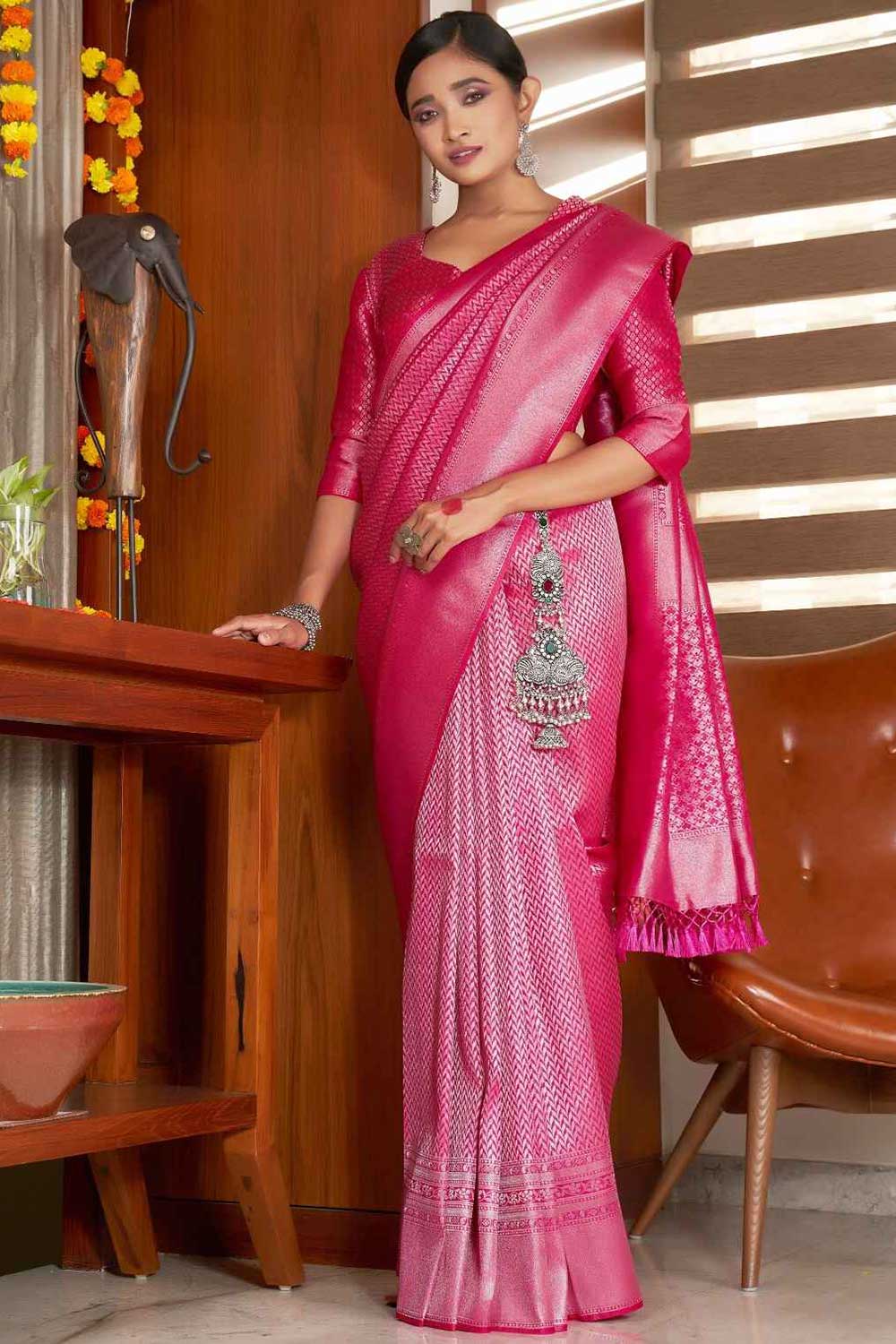 Light Pink Kanchipuram Raw Silk Woven Saree