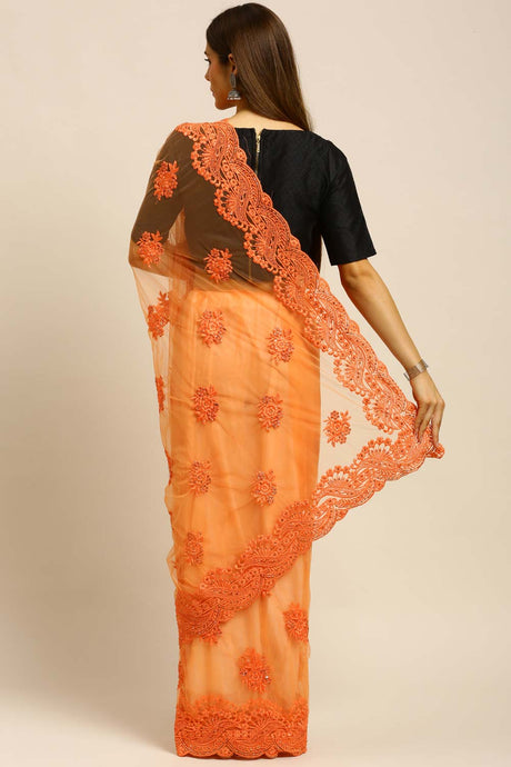 Net Embroidered Saree In Peach