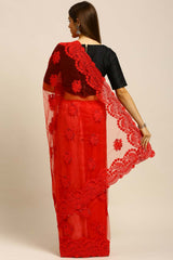 Net Embroidered Saree In Red