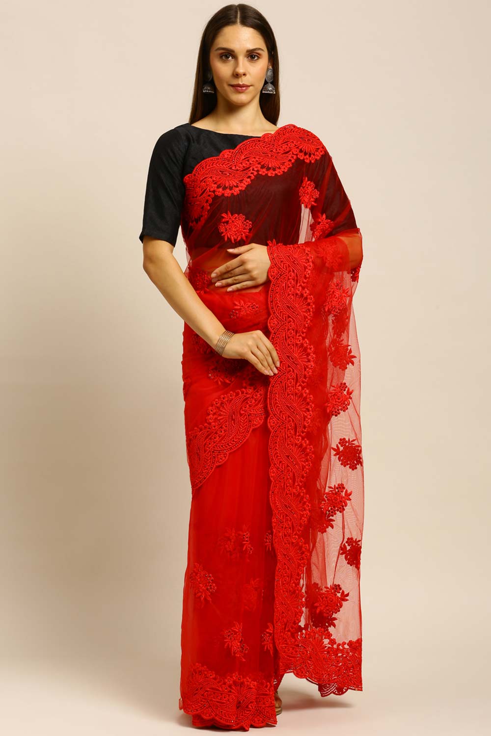 Net Embroidered Saree In Red