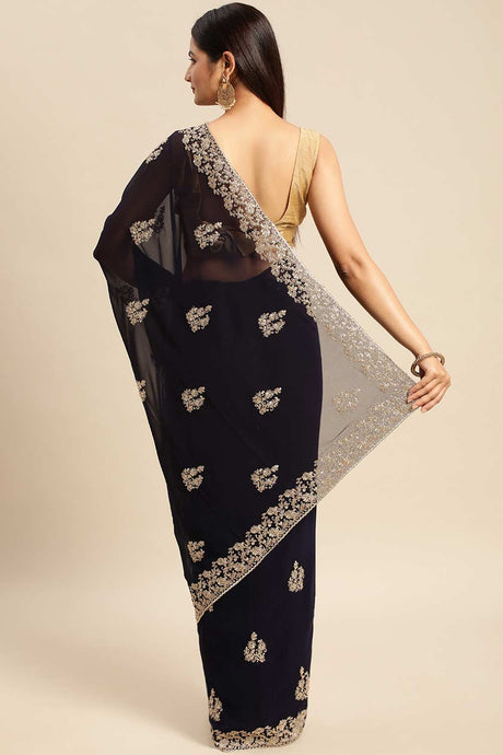 Navy Blue Poly Georgette Floral Embroidered sarees