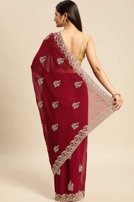 Wine Poly Georgette Floral Embroidered sarees