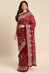 Wine Pure Georgette Floral Embroidered Saree