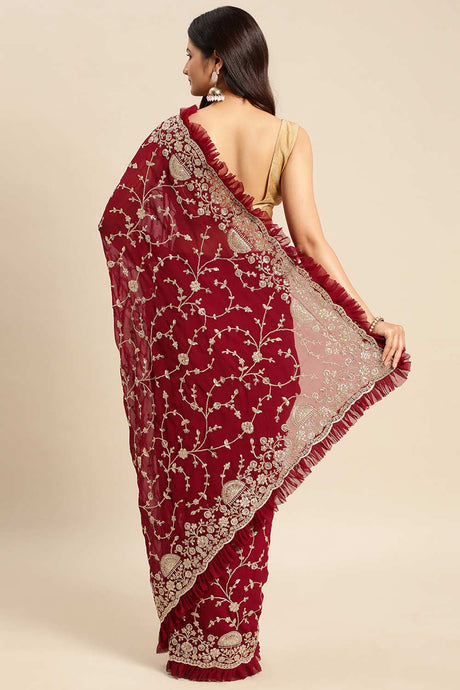 Wine Pure Georgette Floral Embroidered Saree