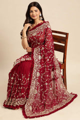 Wine Pure Georgette Floral Embroidered Saree