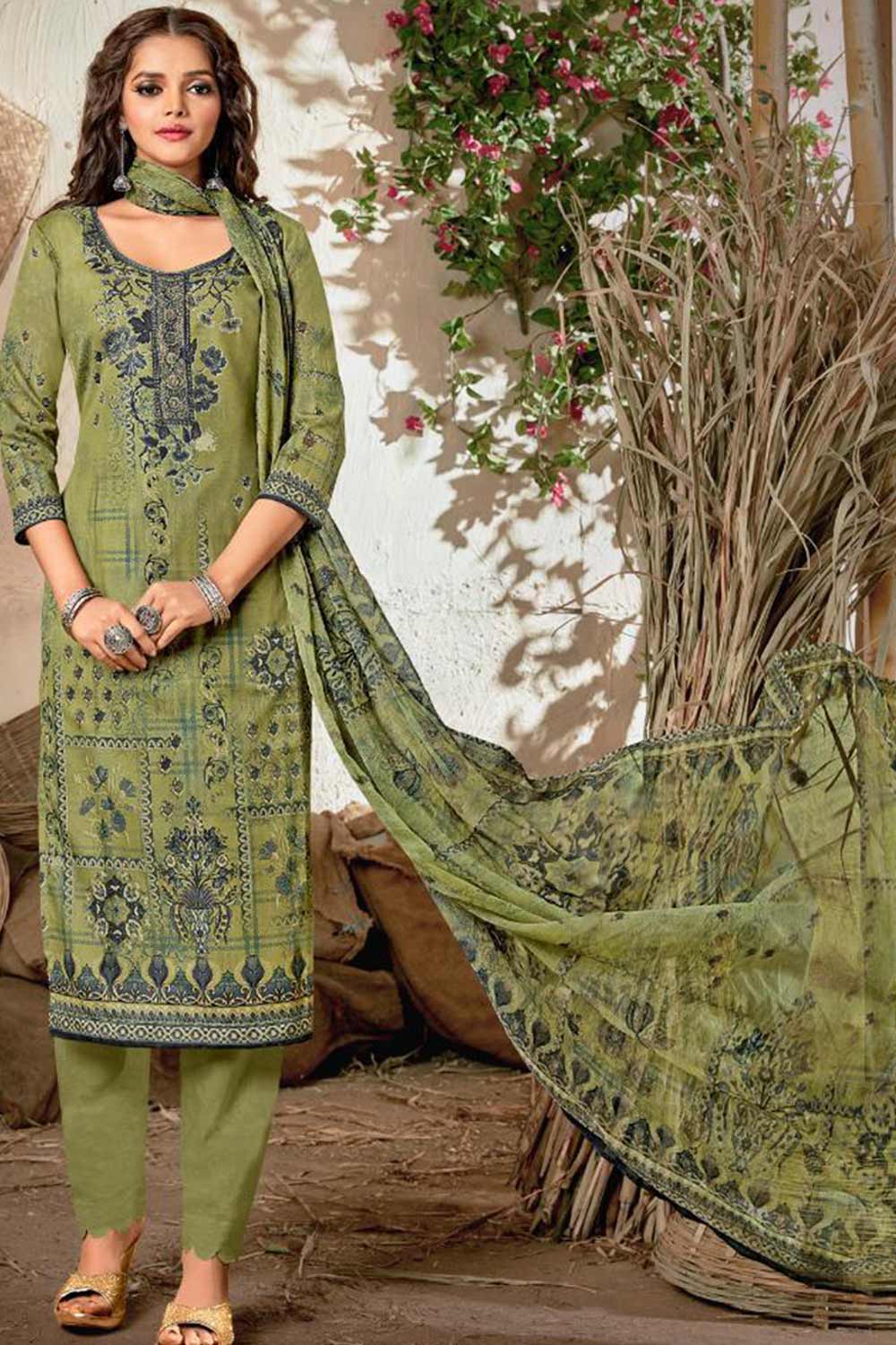 Buy Blended Cotton Floral Print Dress Material in Olive