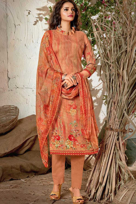 Buy Blended Cotton Floral Print Dress Material in Peach