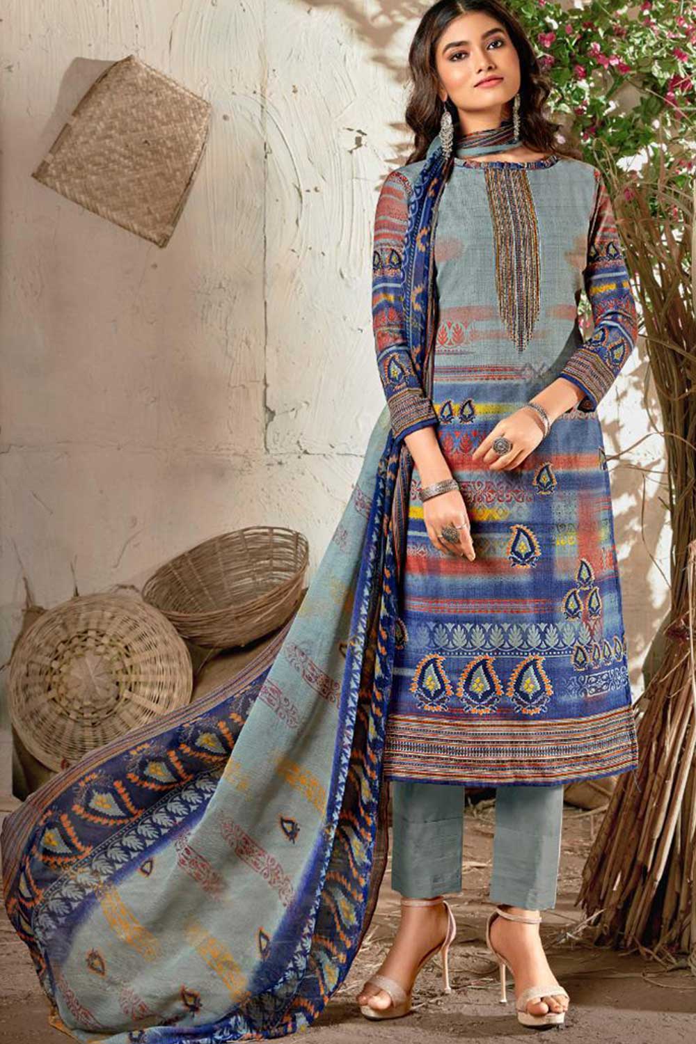 Buy Blended Cotton Abstract Print Dress Material in Grey