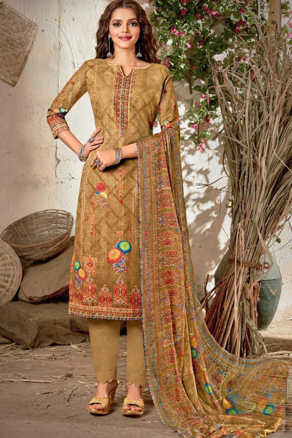 Buy Blended Cotton Abstract Print Dress Material in Beige