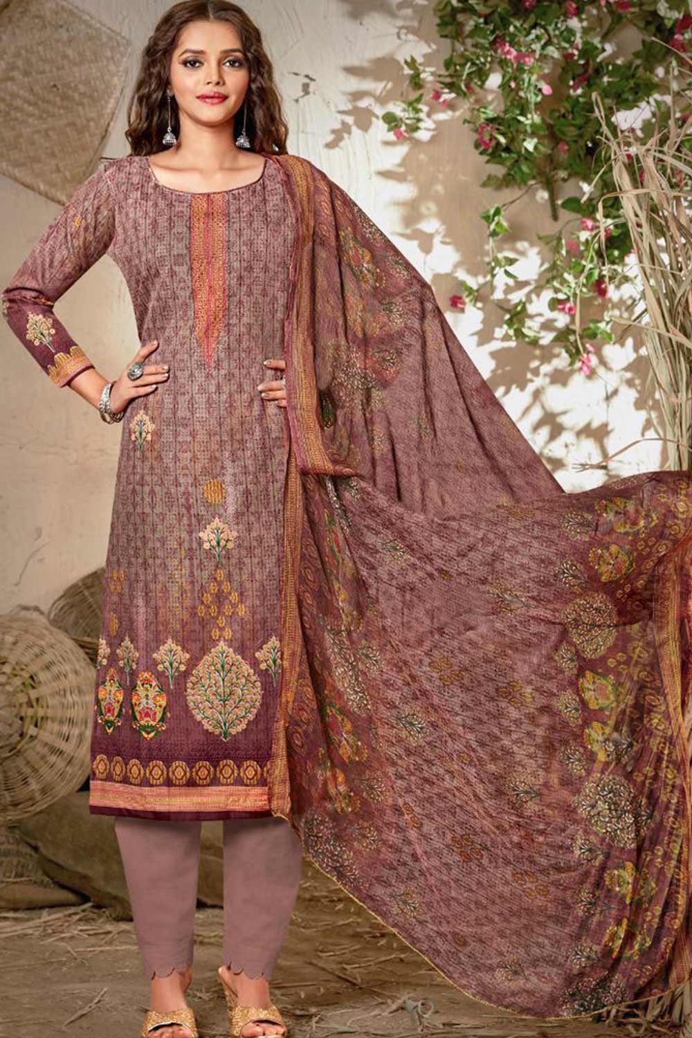 Buy Blended Cotton Abstract Print Dress Material in Light Brown