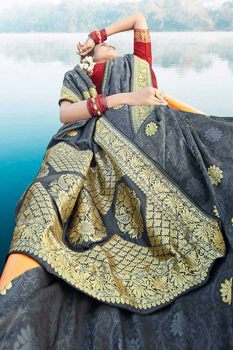 Buy Banarasi Art Silk Woven Saree in Grey - Back